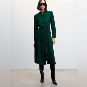 Mango Deep Green Ruffled shirt dress - US 6